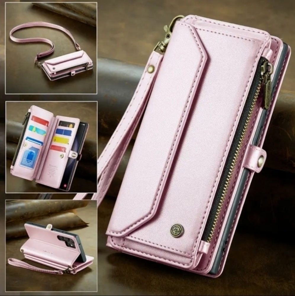 Galaxy Z Fold Wallet Card Holder Phone Case/Crossbody Bag Leather Pink S21 Plus - Picture 8 of 10